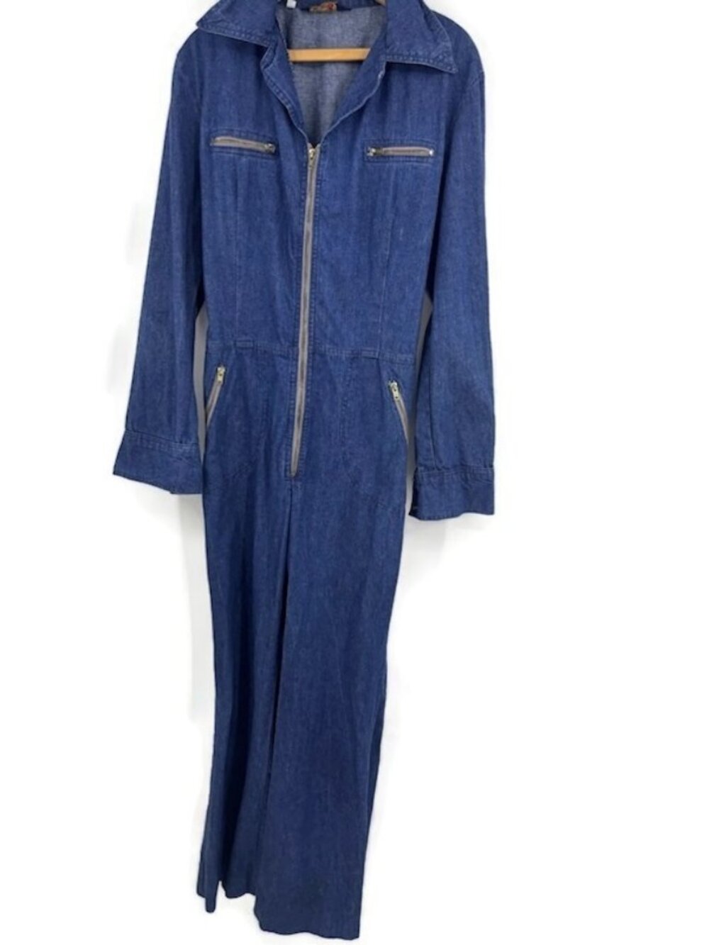 Vintage 70s Male Brand Denim Jumpsuit Size 42 Long Sleeve Zip Front Pocket Disco